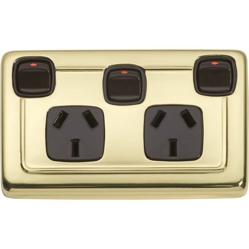 Socket Flat Plate Rocker Double With Switch Brown Polished Brass