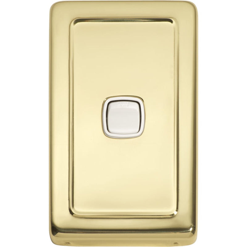 Switch Flat Plate Rocker 1 Gang White Polished Brass