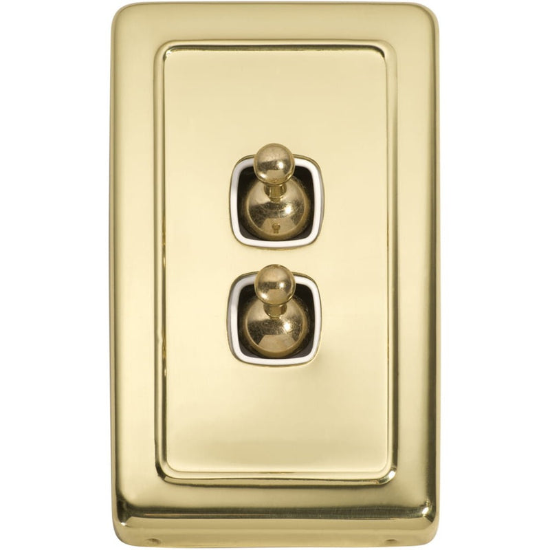 Switch Flat Plate Toggle 2 Gang White Polished Brass