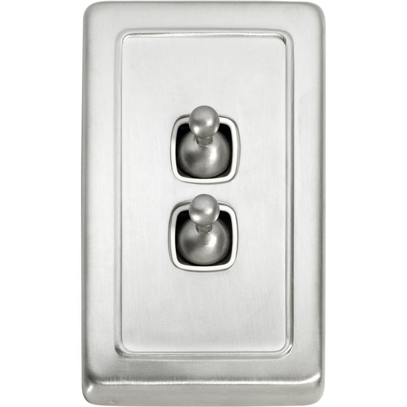 Switch Flat Plate Toggle 2 Gang White Satin Chrome