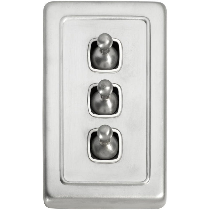 Switch Flat Plate Toggle 3 Gang White Satin Chrome