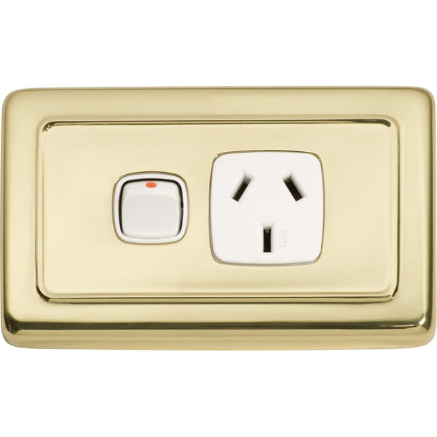 Socket Flat Plate Rocker Single White Polished Brass | Paddington Hardware