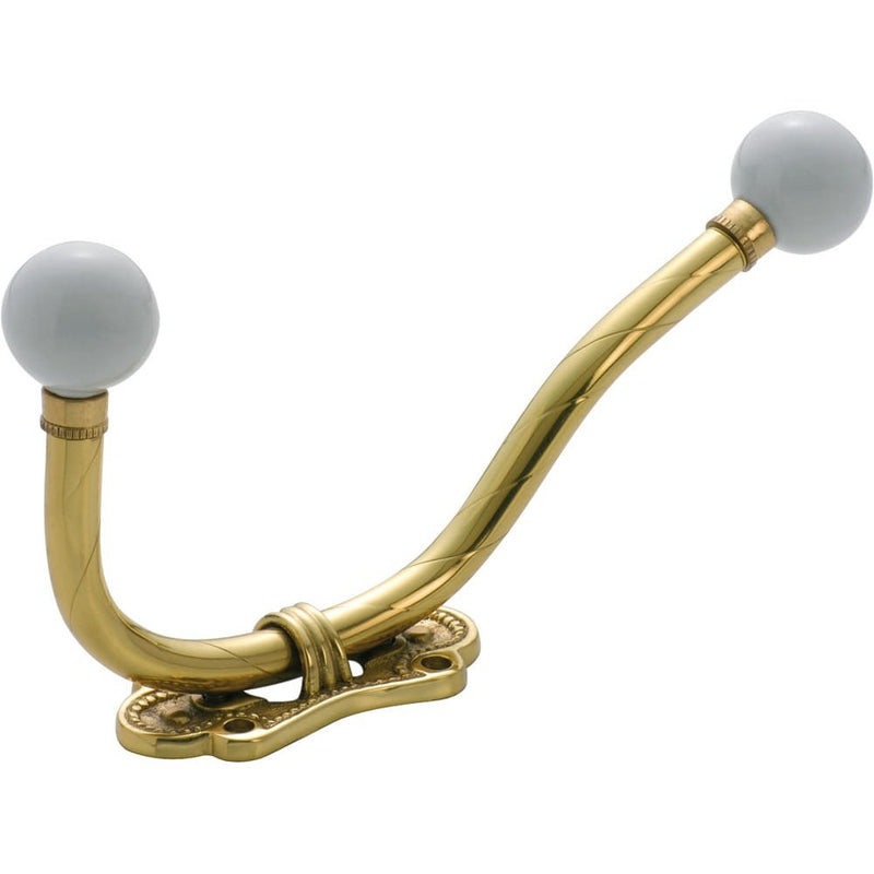 Hat & Coat Hook Porcelain Tip Traditional Polished Brass H175xP85mm