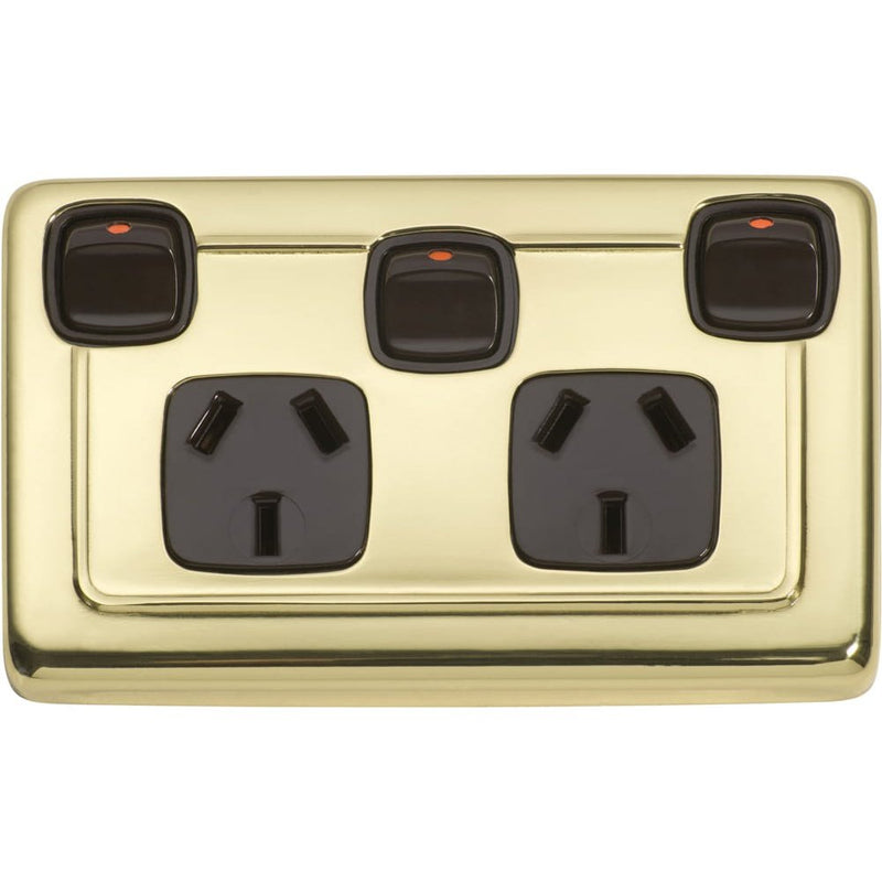 Socket Flat Plate Rocker Double With Switch Brown Polished Brass