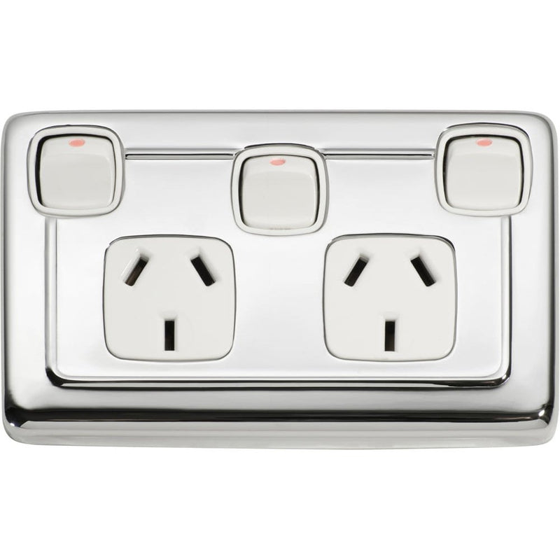 Socket Flat Plate Rocker Double With Switch White Chrome Plated