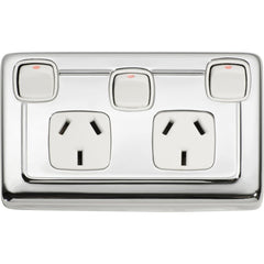 Socket Flat Plate Rocker Double With Switch White Chrome Plated