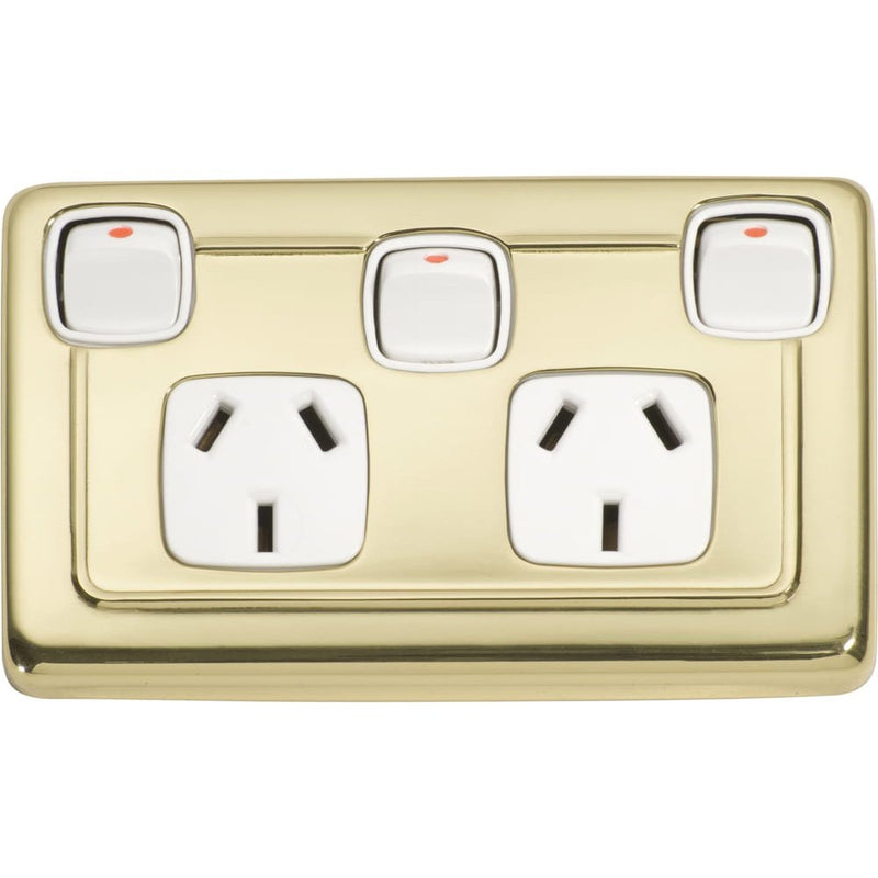 Socket Flat Plate Rocker Double With Switch White Polished Brass