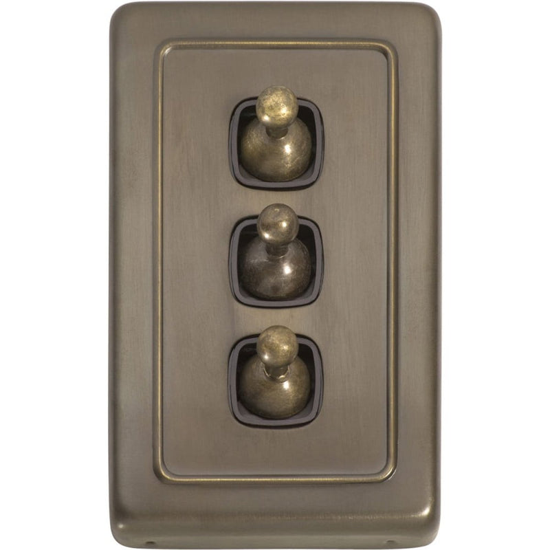 Switch Flat Plate Toggle 3 Gang Brown Antique Brass