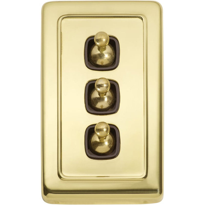 Switch Flat Plate Toggle 3 Gang Brown Polished Brass
