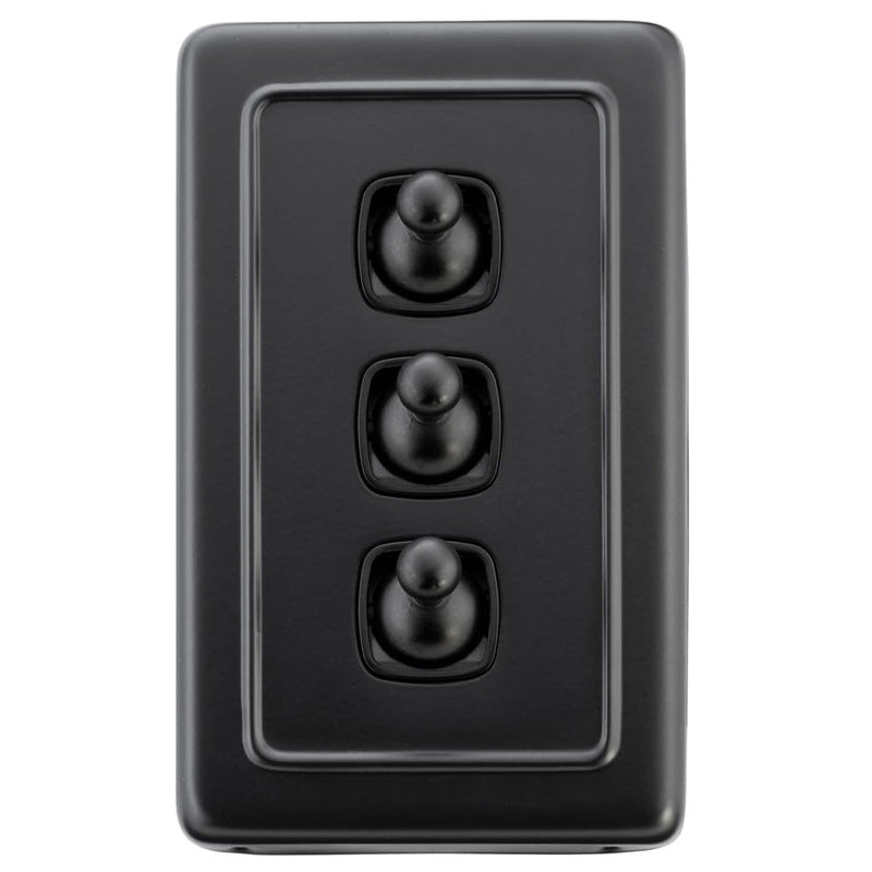 Switch Flat Plate Toggle 3 Gang Matt Black