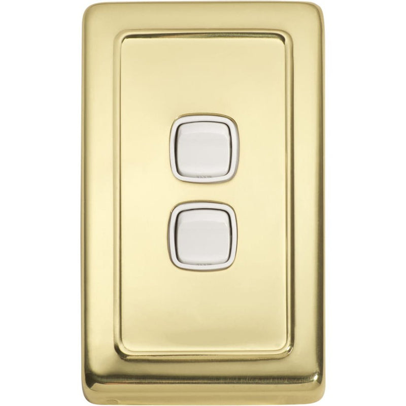 Switch Flat Plate Rocker 2 Gang White Polished Brass