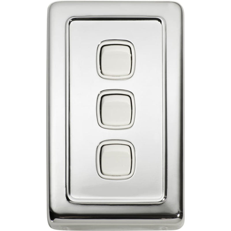 Switch Flat Plate Rocker 3 Gang White Chrome Plated