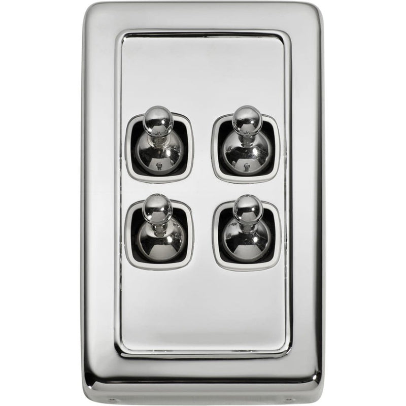 Switch Flat Plate Toggle 4 Gang White Chrome Plated
