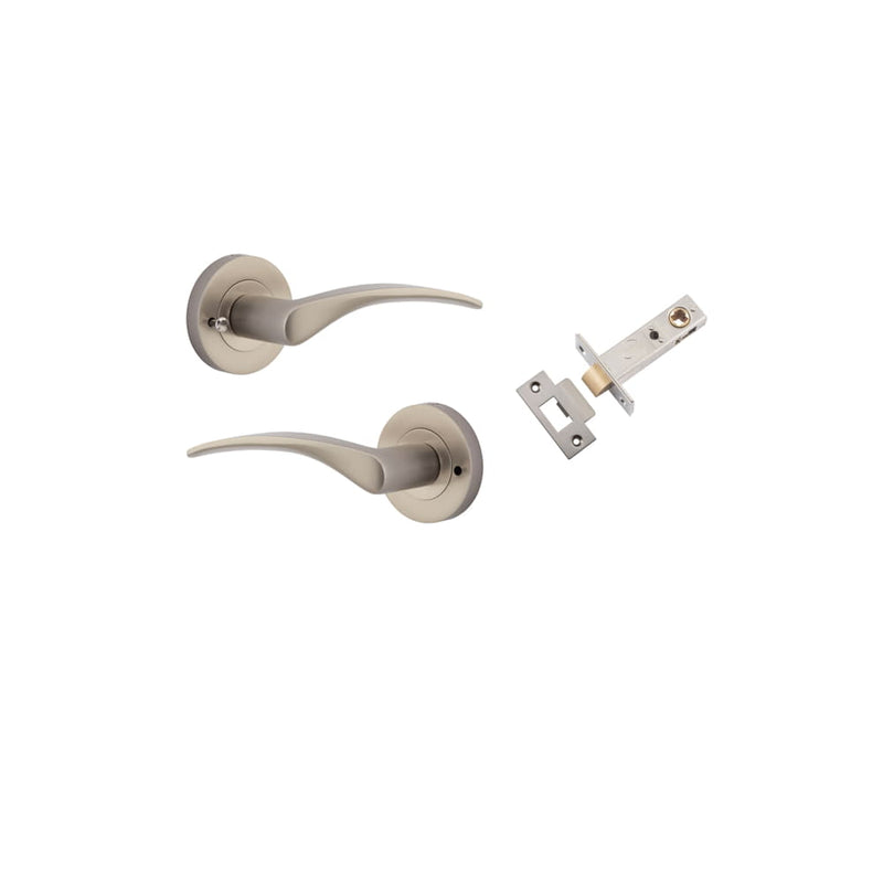 Door Lever Oxford Round Rose Inbuilt Privacy Pair Satin Nickel